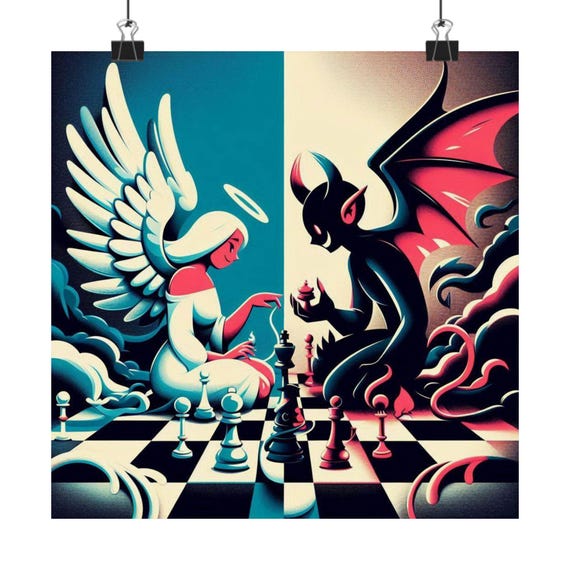 Whimsical Matte Posters Angel Vs Demon Art Unique Wall Decor Chess Lovers Gift Spiritual And Gothic Decor
