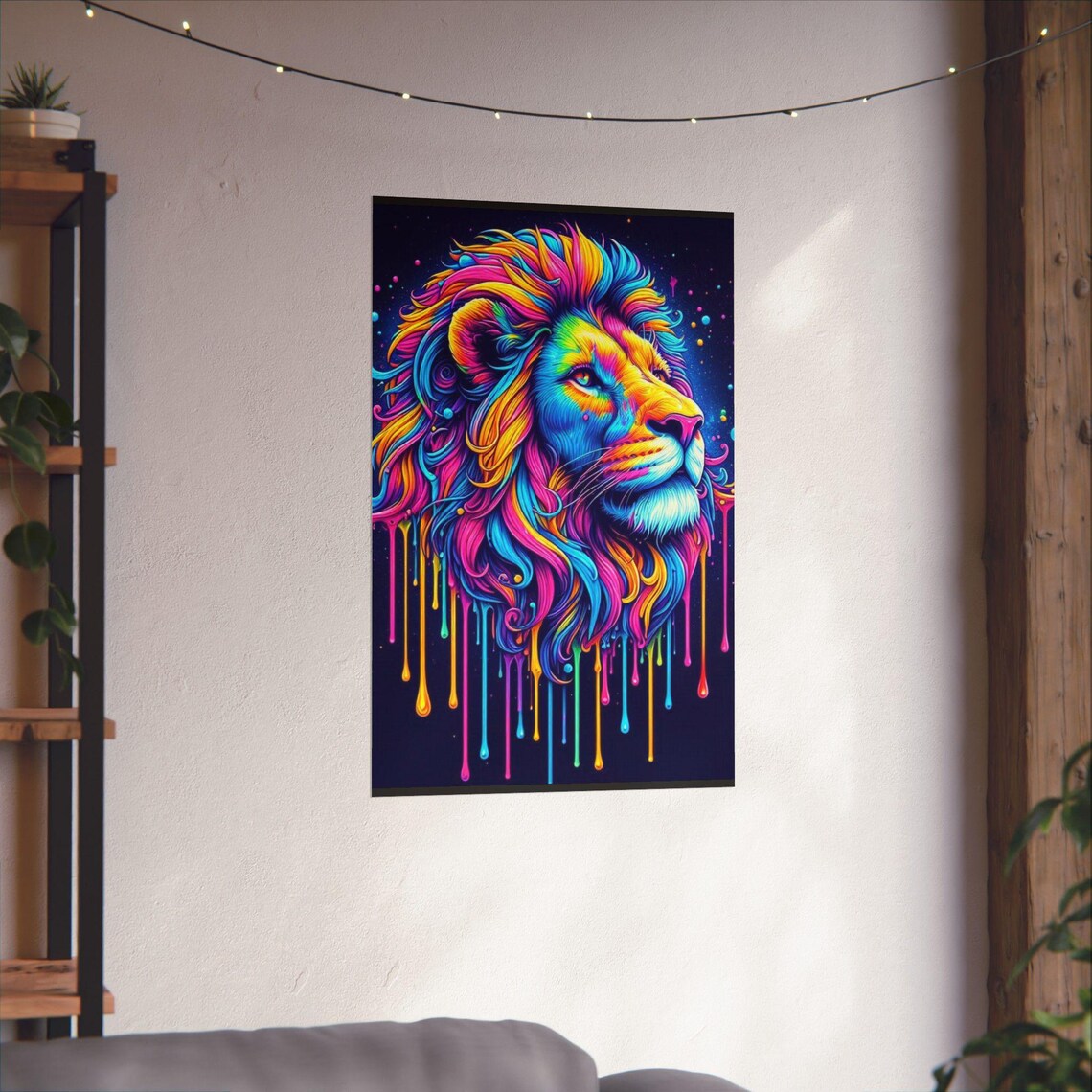 Colorful Lion Head with Dripping Neon Paint on Black Art Poster - Image 2