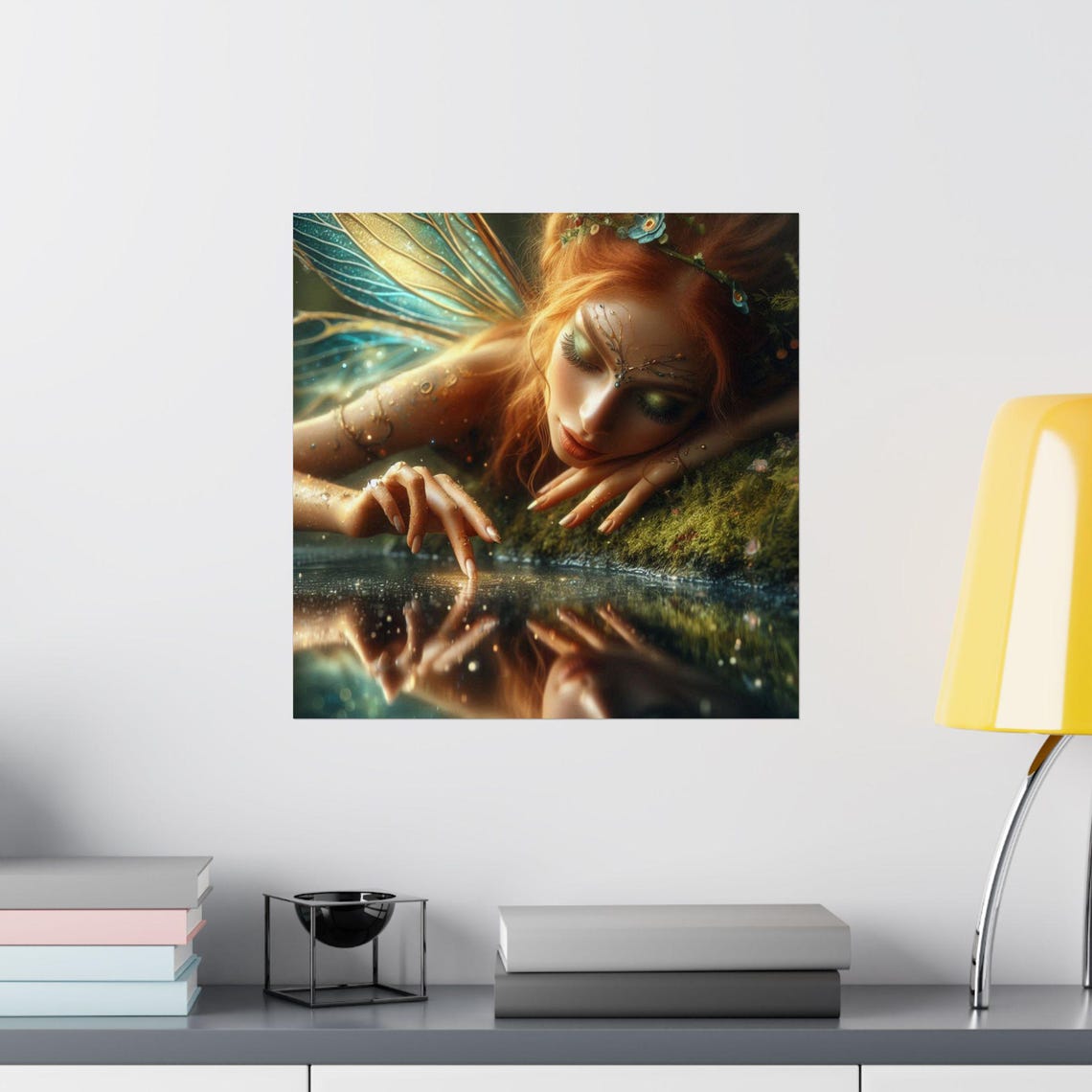 Red Haired Fairy Touching Water with a Golden Reflection Poster - Image 2