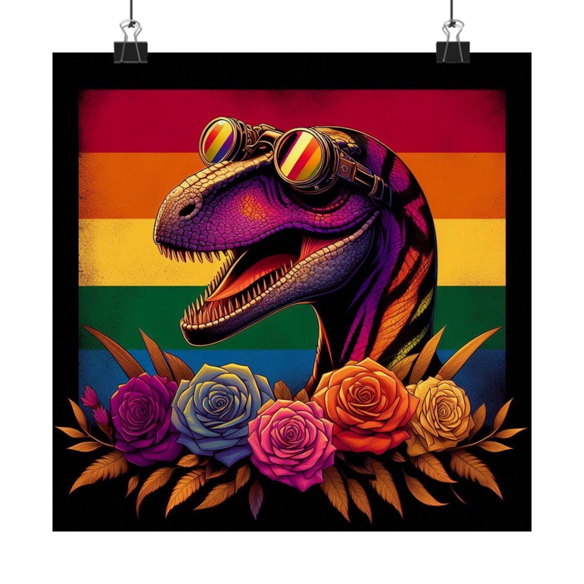 Psychedelic Rainbow Raptor Dinosaur with Goggles and Roses Poster