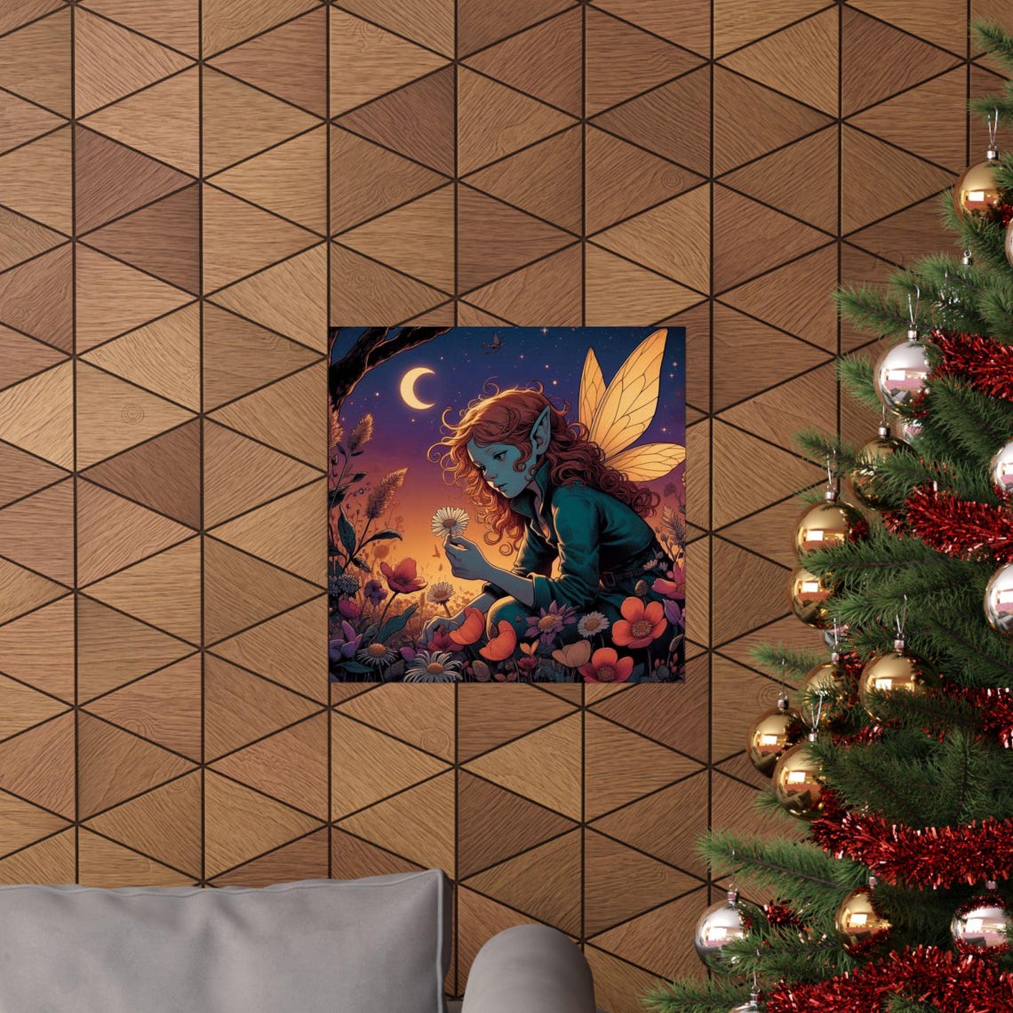 Red Haired Fairy Holding a Daisy Under a Crescent Moon Poster - Image 6