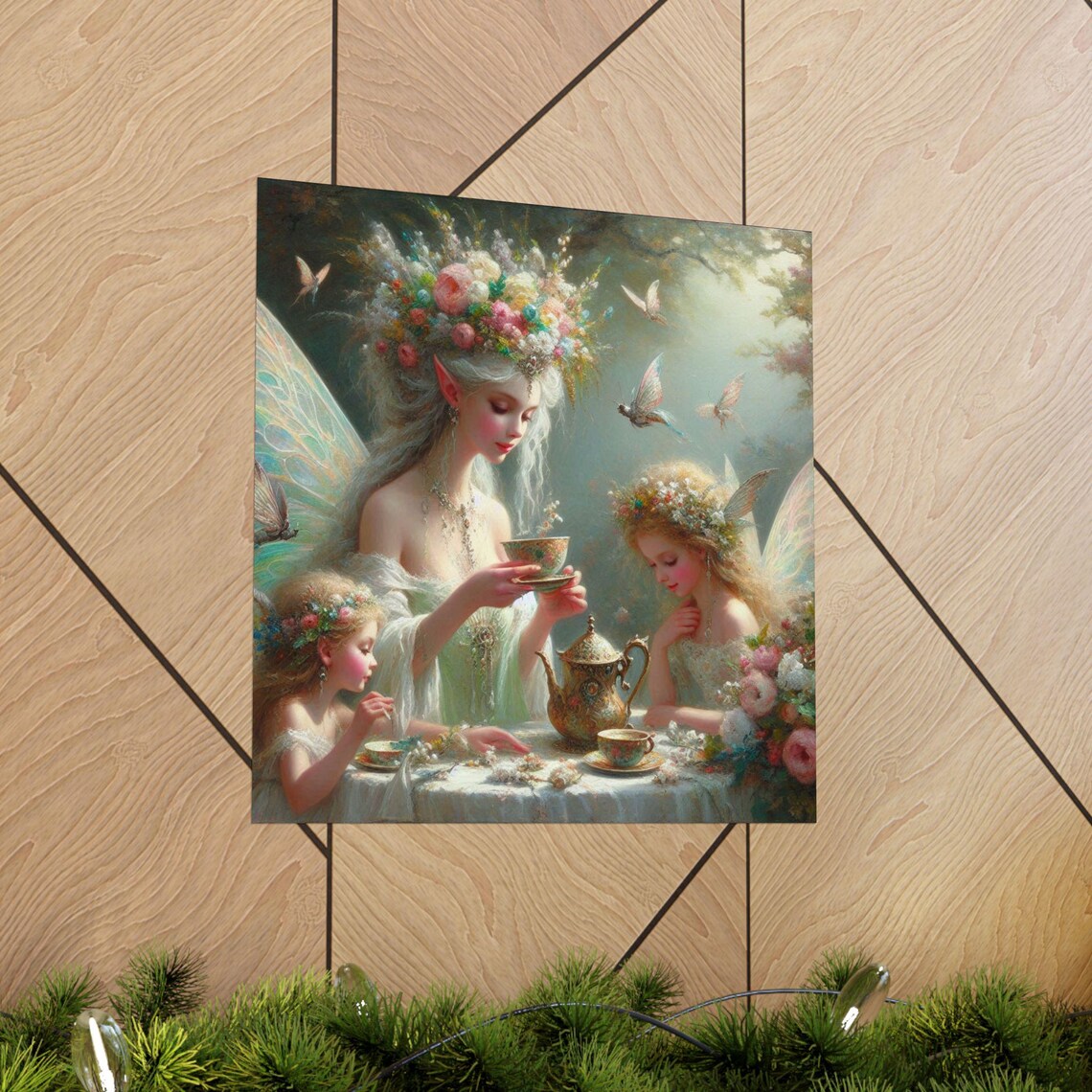 Fairy Mother and Her Children at a Tea Party in a Rose Garden Poster