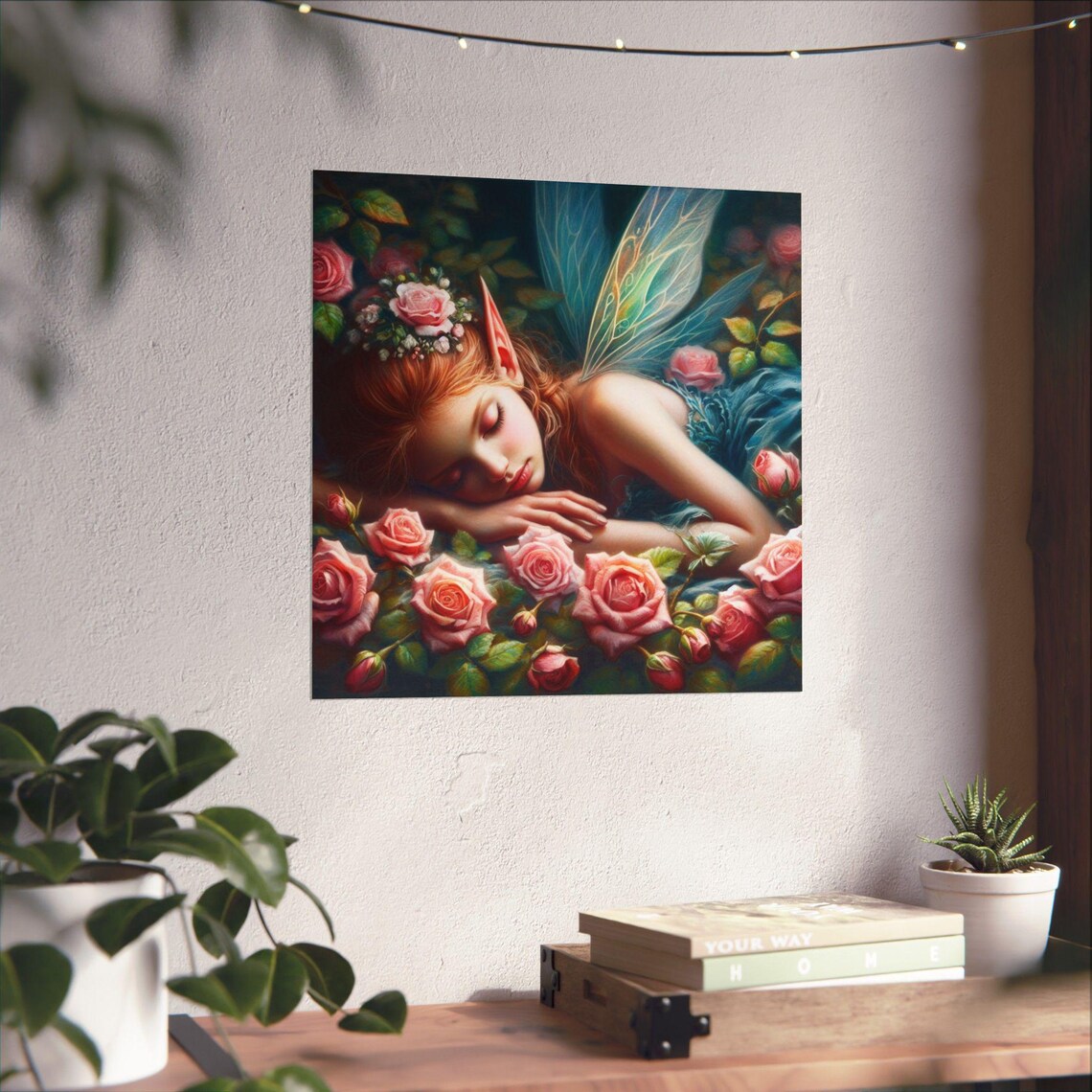 Sleeping Fairy with Blue Wings among Pink Roses Fantasy Art Poster - Image 4