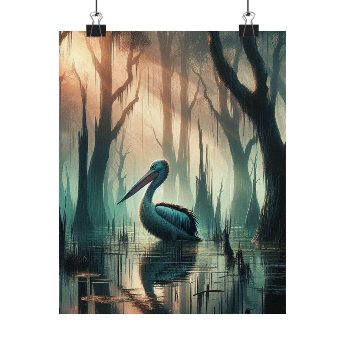 Serene Pelican Resting in a Misty Cypress Swamp at Dawn Poster