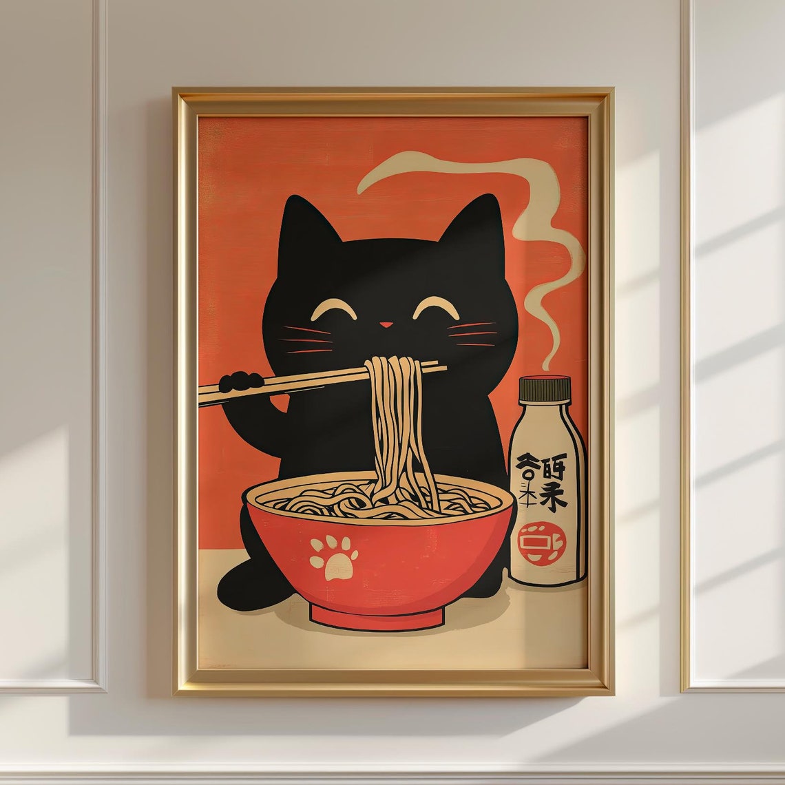 Black Cat Eating Ramen With Chopsticks Retro Japanese Food Poster Art