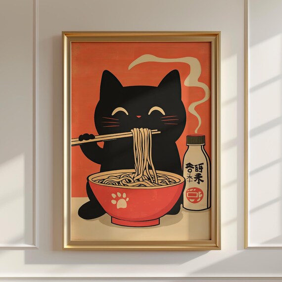 Black Cat Eating Ramen With Chopsticks Retro Japanese Food Poster Art