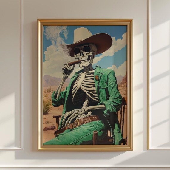 Skeleton Cowboy Smoking Cigar Western Desert Art Print Day of the Dead Decor