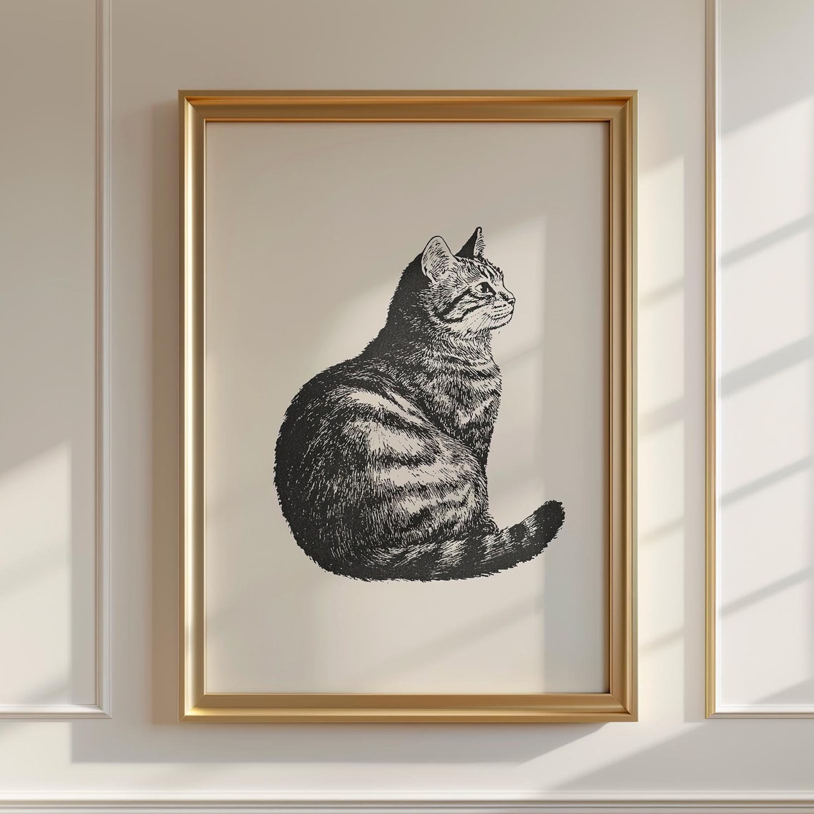 Seated Tabby Cat in Profile Classic Ink Etching Minimal Cat Art Poster