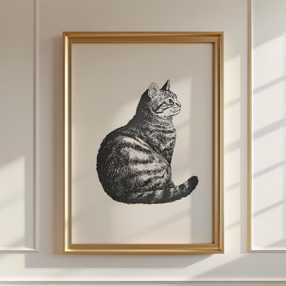 Seated Tabby Cat in Profile Classic Ink Etching Minimal Cat Art Poster