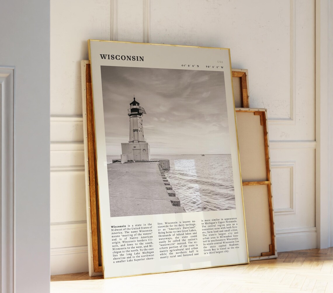 Wisconsin Black White Lighthouse Lake Michigan Travel Poster Coordinates