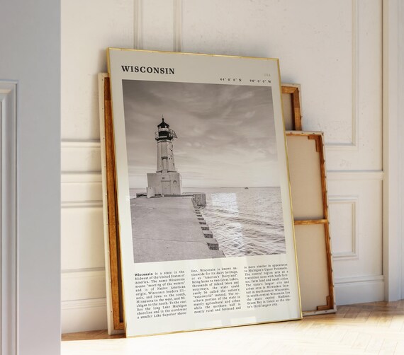 Wisconsin Black White Lighthouse Lake Michigan Travel Poster Coordinates
