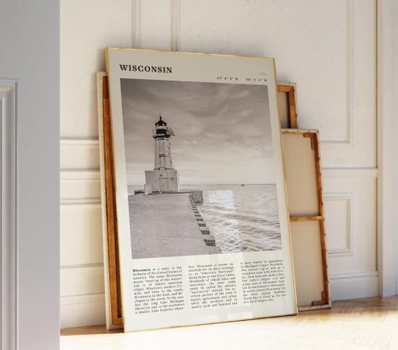 Wisconsin Black White Poster Midwest Usa Print Featuring Great Lakes And Lighthouse Idea For Nature Lovers