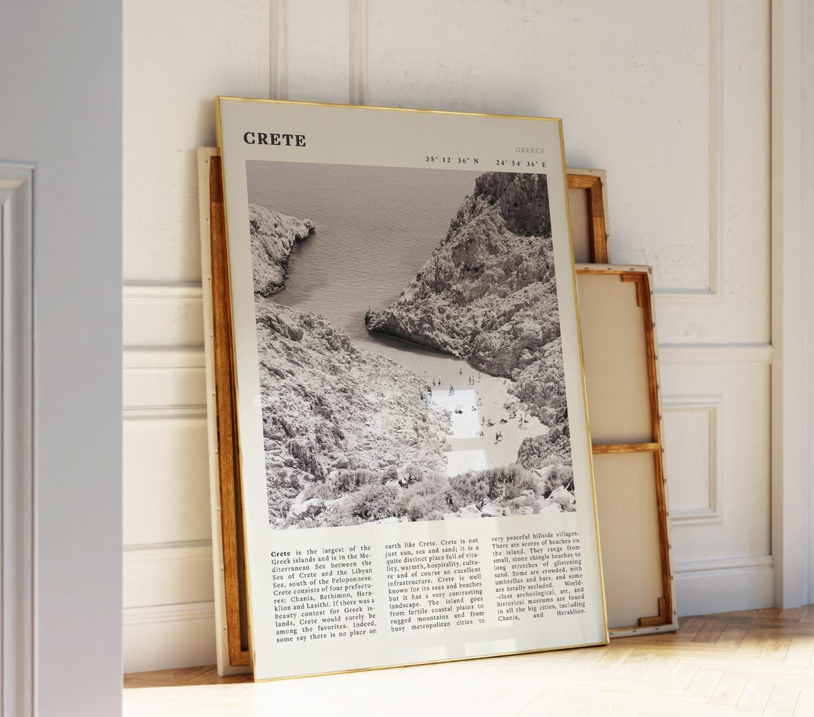 Crete Black White Poster Vintage Greece Print For Travel Lovers