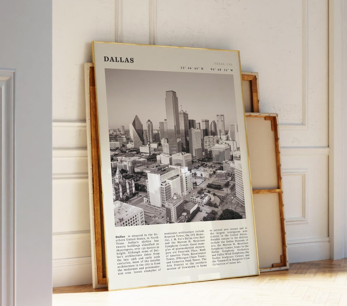 Dallas Texas Black White Skyline Travel Poster with City Coordinates