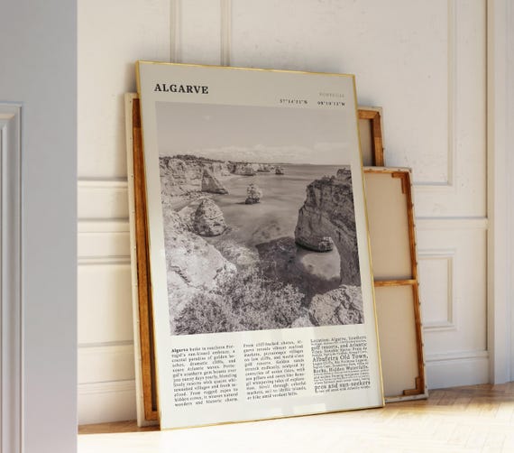 Algarve Portugal Vintage Poster Cliff Beaches Benagil Cave Travel Print For Travelers Southern Coast Black White Decor