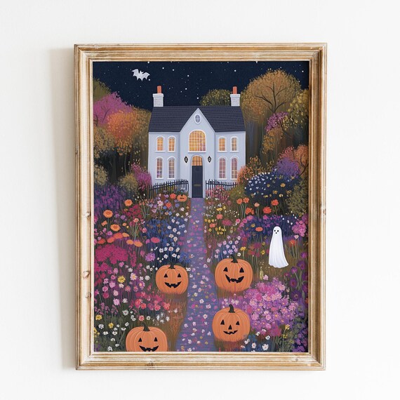 Halloween Flower Garden House Pumpkins Ghosts Night Art Poster