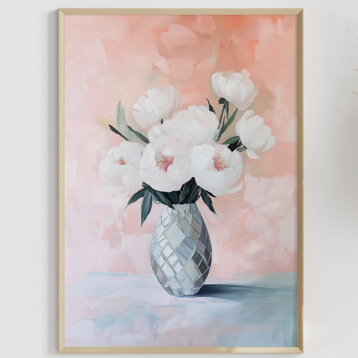 White Peonies in Crystal Vase Blush Pink Painterly Floral Poster