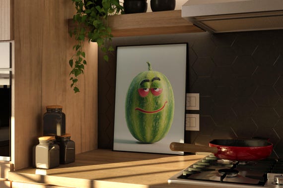 Funny Watermelon Face Art Print Whimsical Kitchen Decor