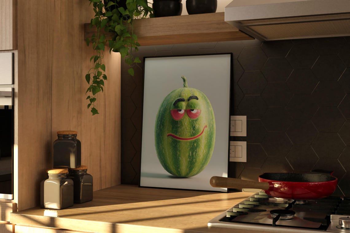 Funny Watermelon Face Art Print Whimsical Kitchen Decor