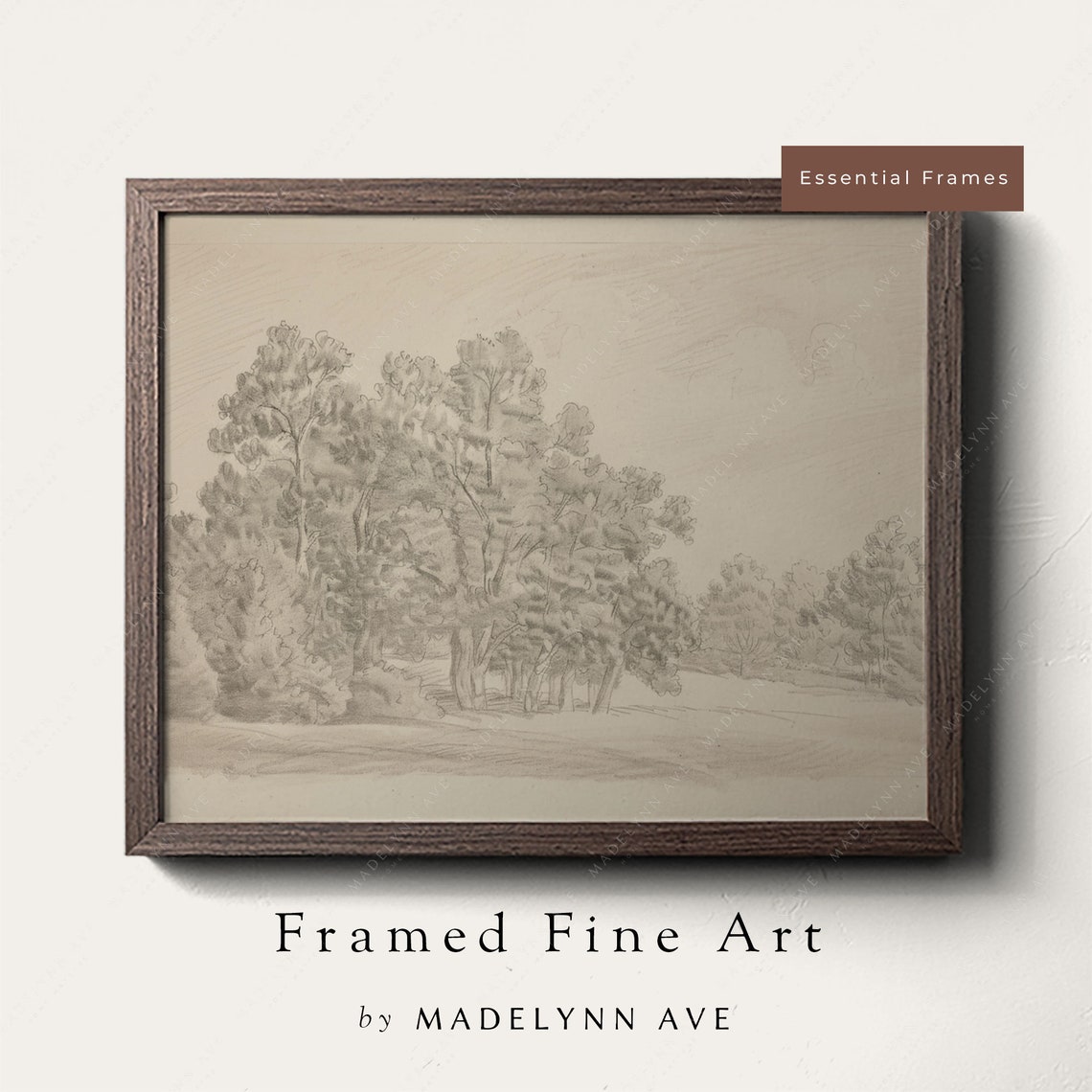 Framed Neutral Landscape Drawing Art Print Wall Art Vintage Style Sketch For Living Room Entryway Modern Tasteful Fall Decor Tree Grove