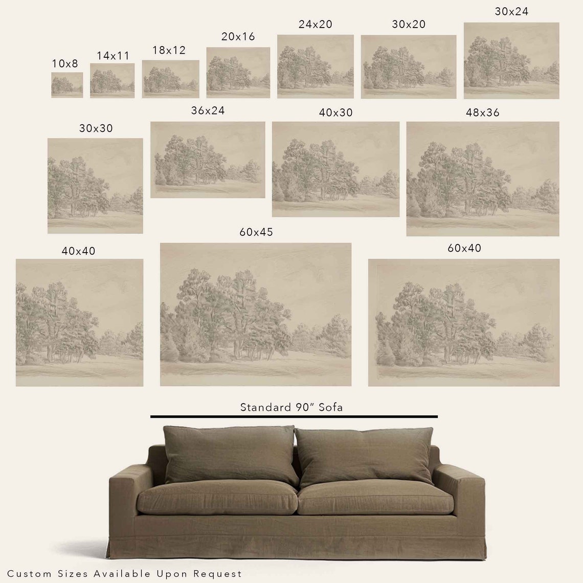 Framed Neutral Landscape Drawing Art Print Wall Art Vintage Style Sketch For Living Room Entryway Modern Tasteful Fall Decor Tree Grove - Image 2