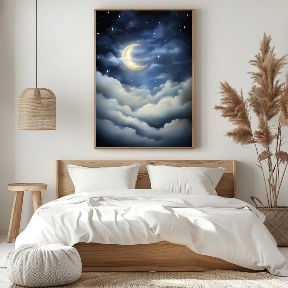 Misty Moon Print Starry Night Sky Painting Crescent Moon And Stars Wall Art Celestial Decor Witchy Lunar Poster Dark Moody Sky - Image 4