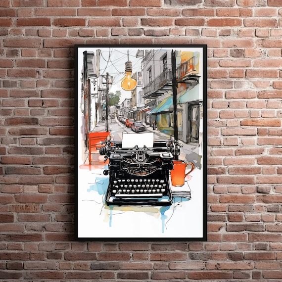 Vintage Typewriter Wall Art Retro Typewriter Illustration Beat Generation Caf Watercolor Coffeeshop Artwork Poet Writer Gift