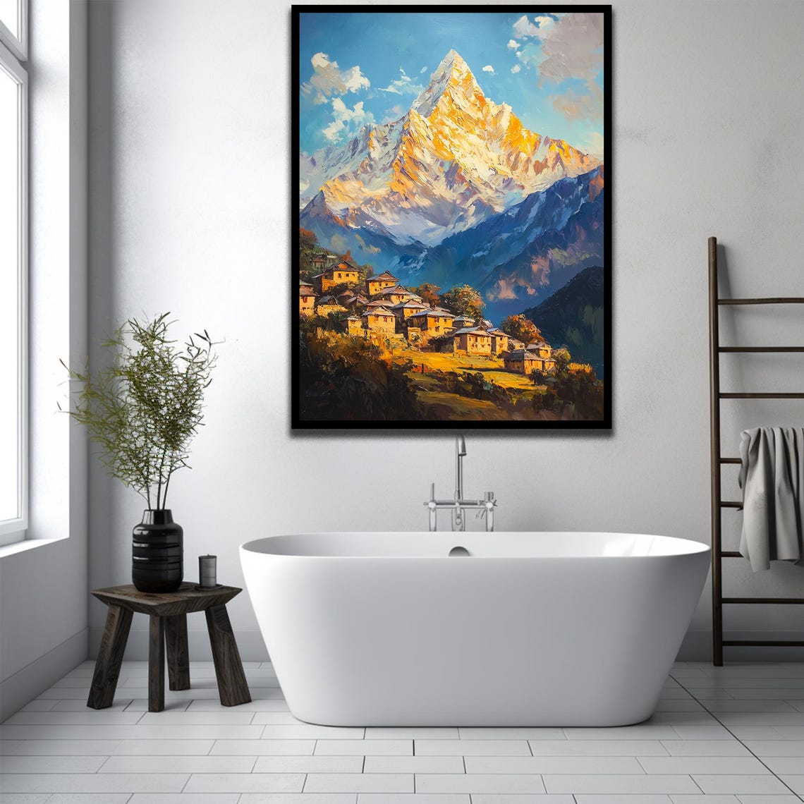 Himalayan Mountain Village Golden Light Oil Painting Wall Art - Image 3
