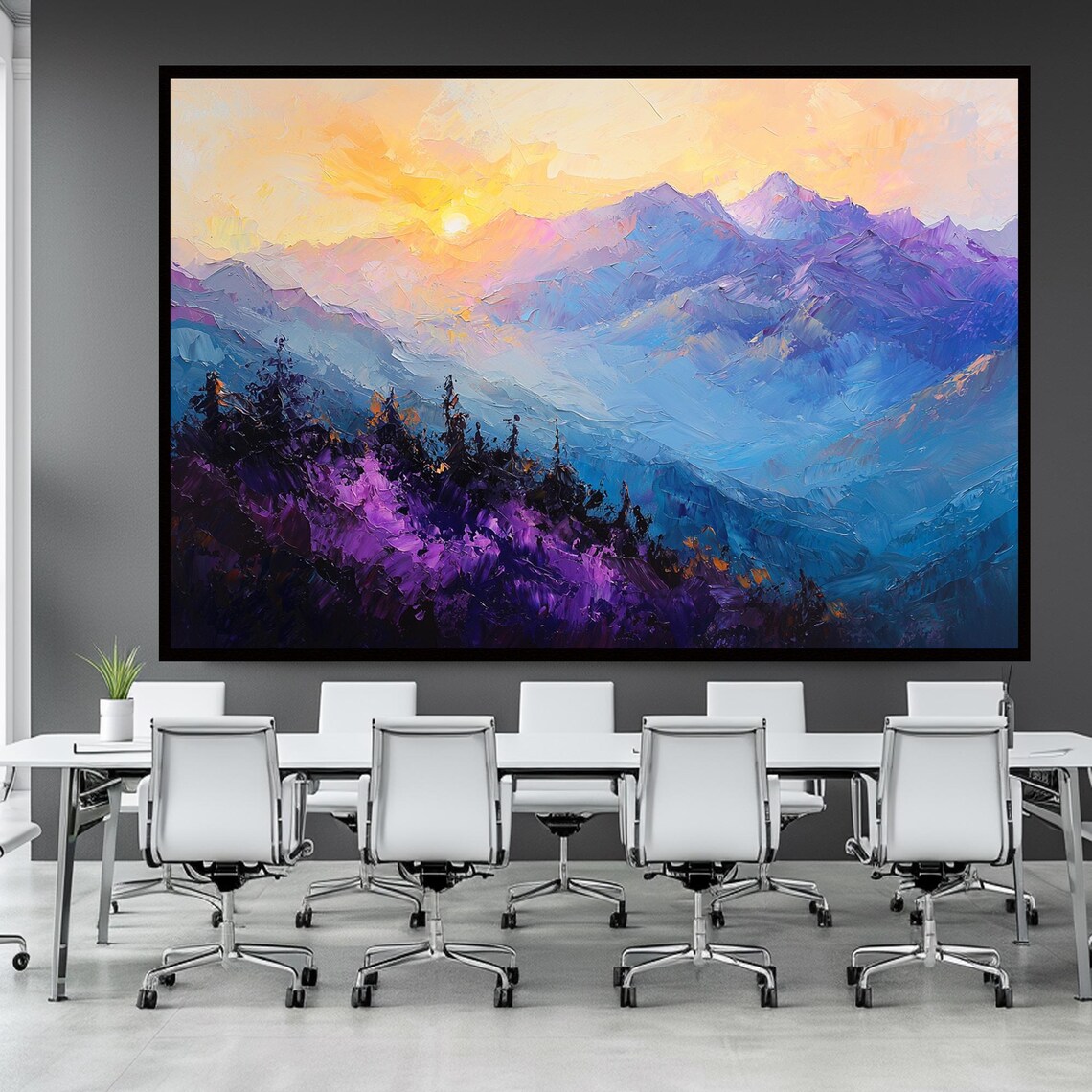 Blue Purple Mountain Sunrise Impasto Landscape Scenic Nature Print - Image 3