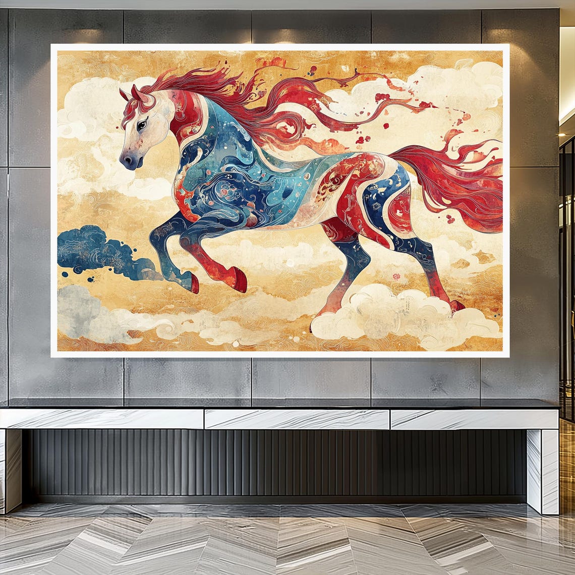 Red Blue Oriental Fantasy Horse Golden Clouds Mythic Wall Art - Image 3
