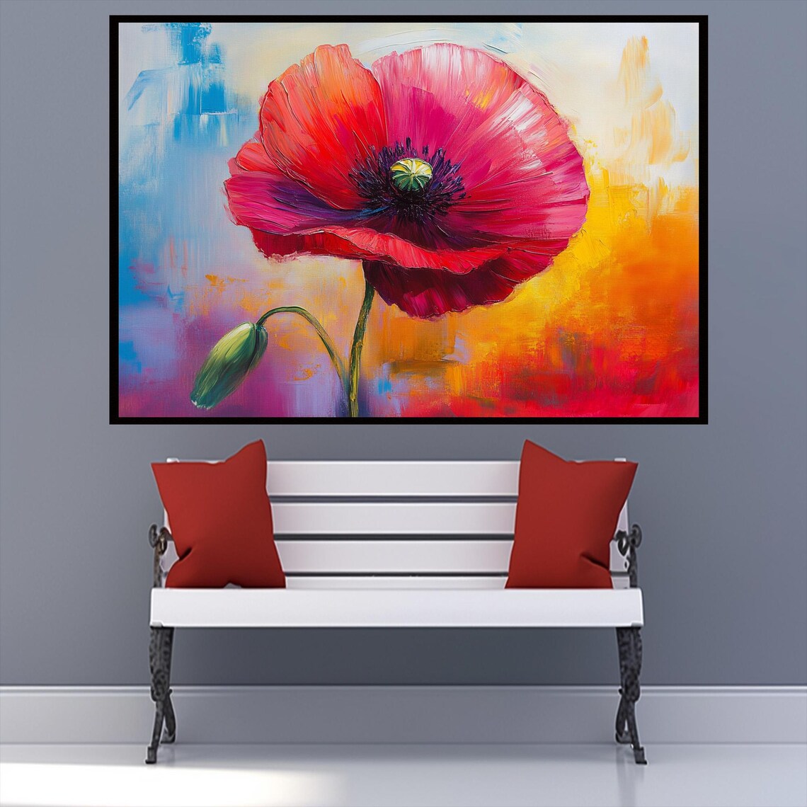 Vibrant Red Poppy Abstract Bloom Oil Modern Colorful Floral Wall Art - Image 3
