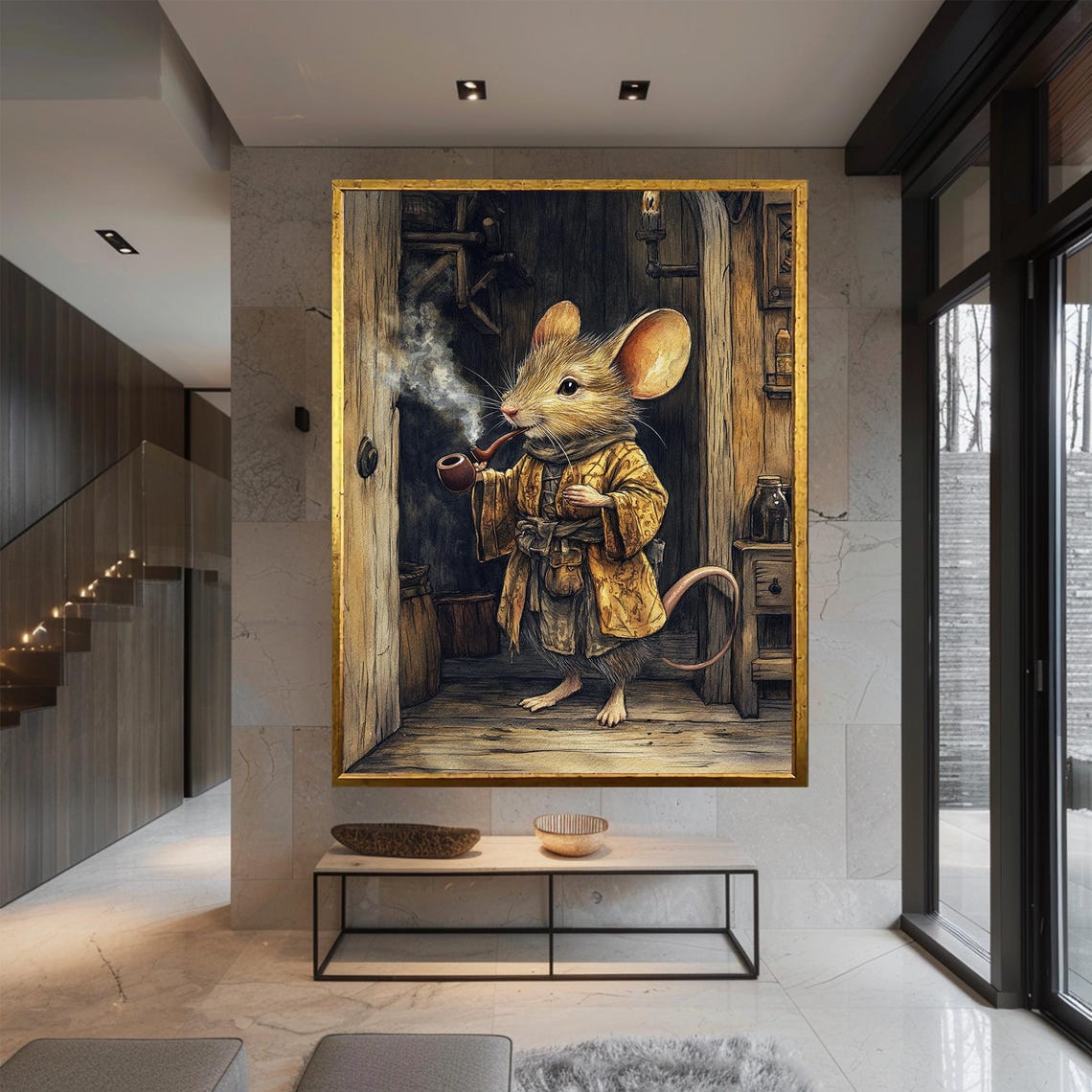 Whimsical Storybook Mouse Smoking Pipe Fairytale Cottage Animal Print - Image 2