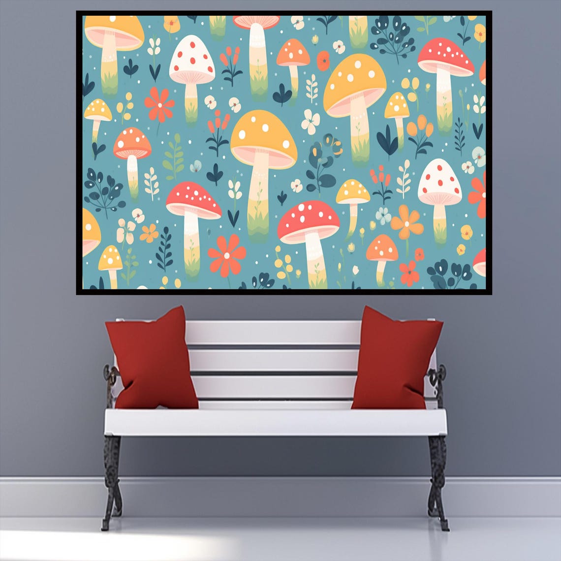 Whimsical Mushroom Forest Floral Pattern Teal Nursery Wall Print - Image 3