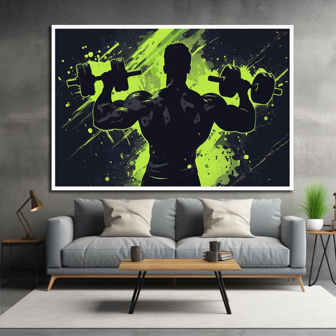 Muscular Athlete Dumbbell Silhouette Neon Green Gym Sports Poster - Image 3