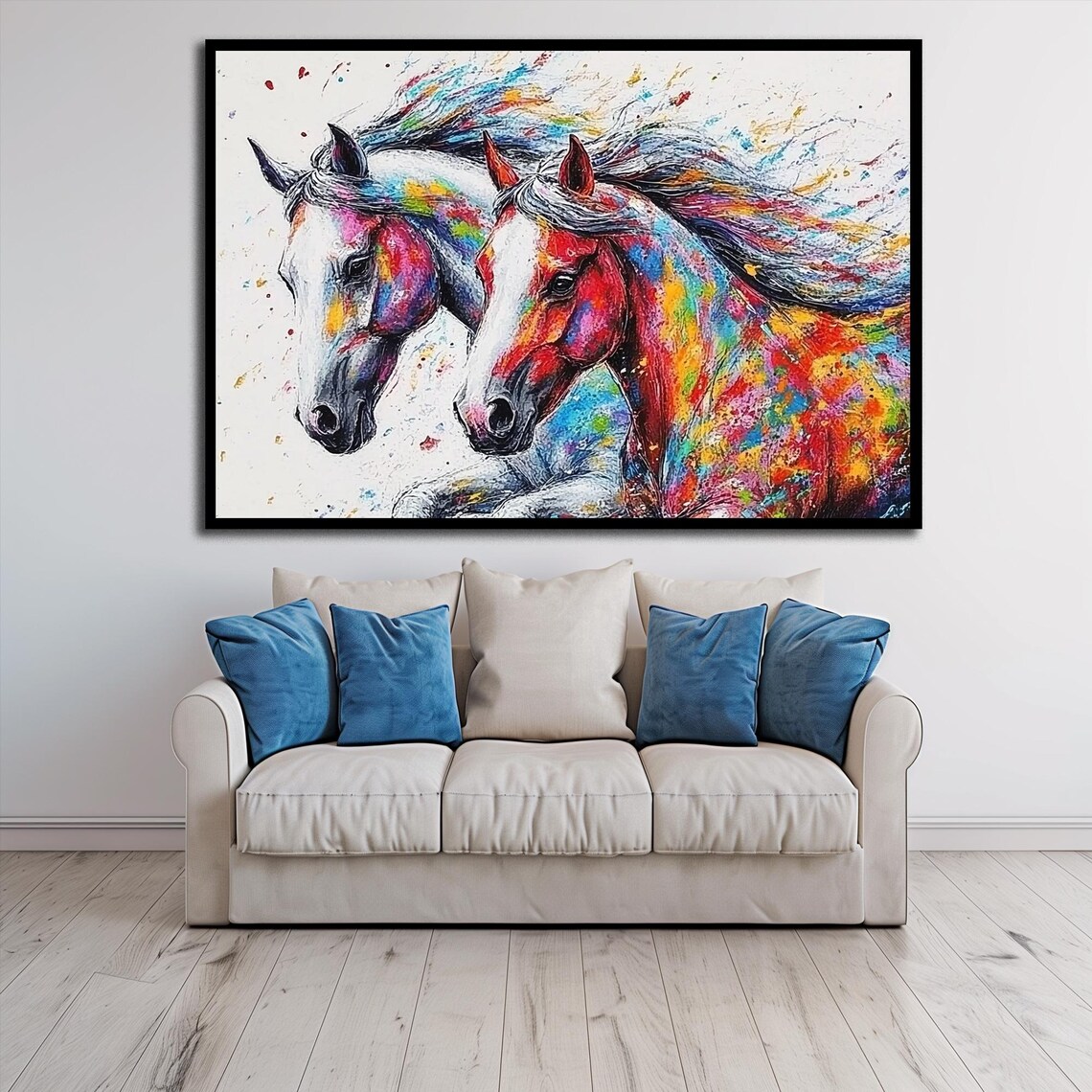Colorful Abstract Pair of Horse Heads Modern Artistic Wall Art - Image 2