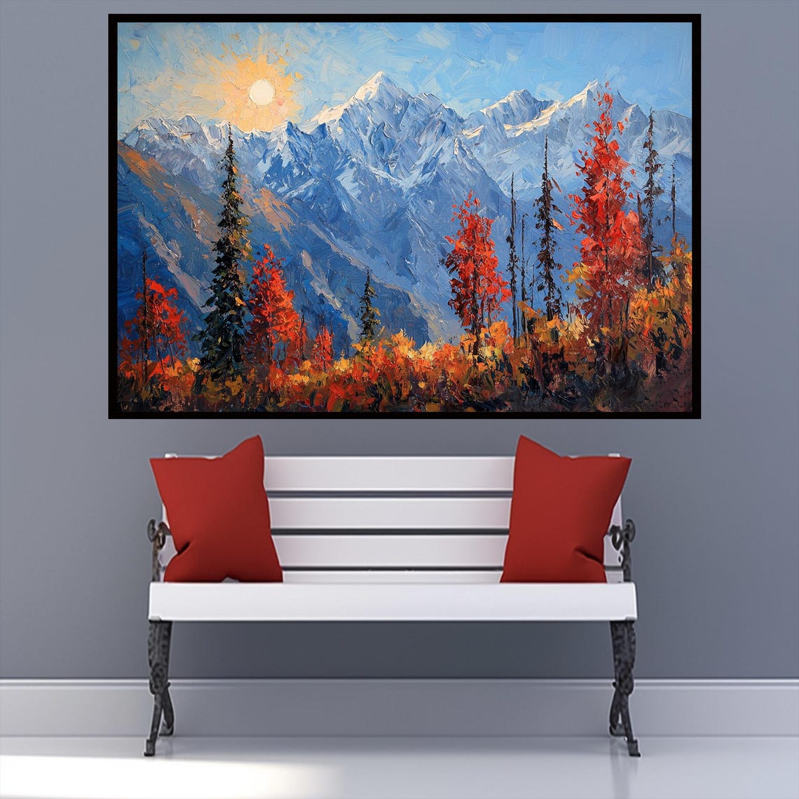 Snowy Mountain Morning Sun Red Autumn Trees Blue Peaks Oil Art Poster - Image 2