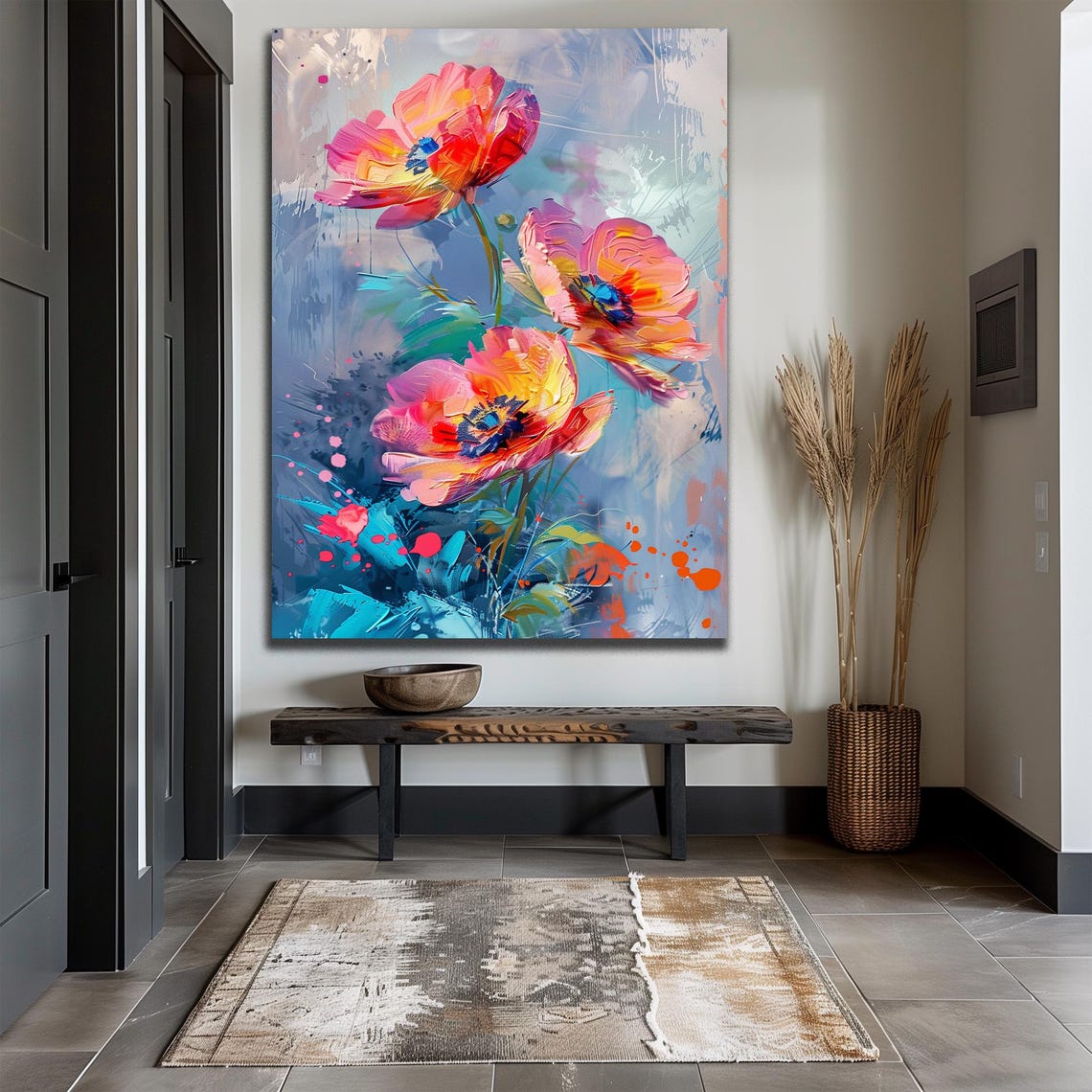 Vibrant Coral Poppy Blooms Bold Abstract Floral Botanical Wall Print - Image 2
