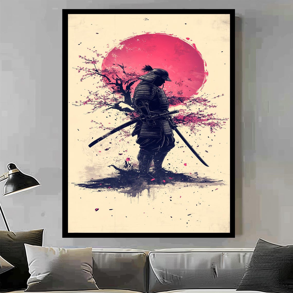Samurai Silhouette Pink Sun Cherry Blossom Splash Ink Style Art Poster - Image 2