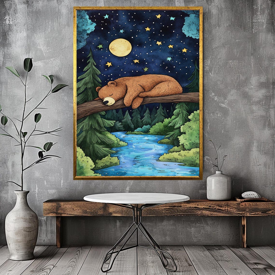 Sleeping Bear Under Moonlit Forest Night Sky Nursery Art Print - Image 2