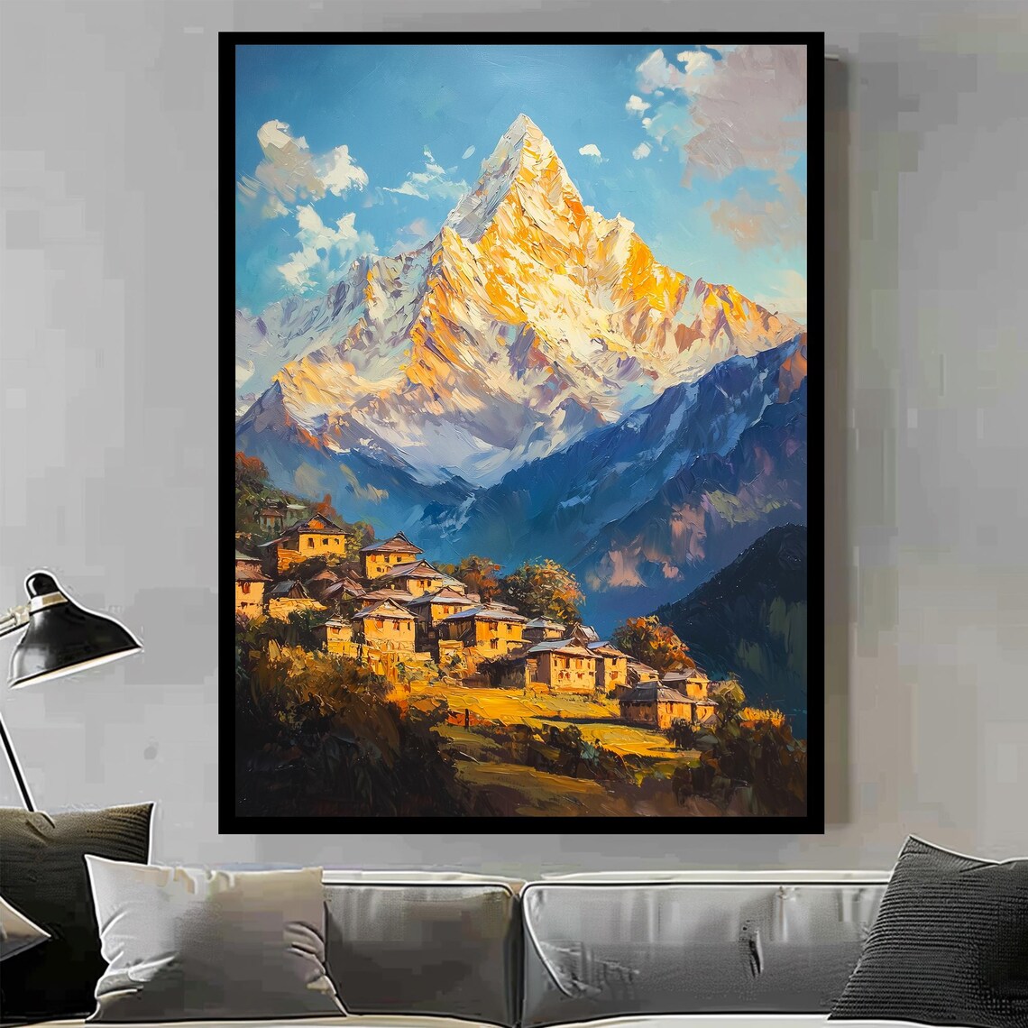 Himalayan Mountain Village Golden Light Oil Painting Wall Art - Image 2