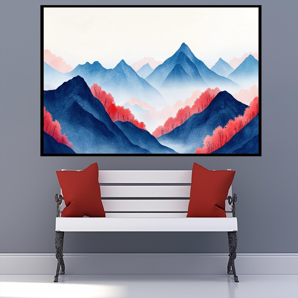 Minimalist Blue Mountains Coral Autumn Trees Watercolor Zen Art Poster - Image 2