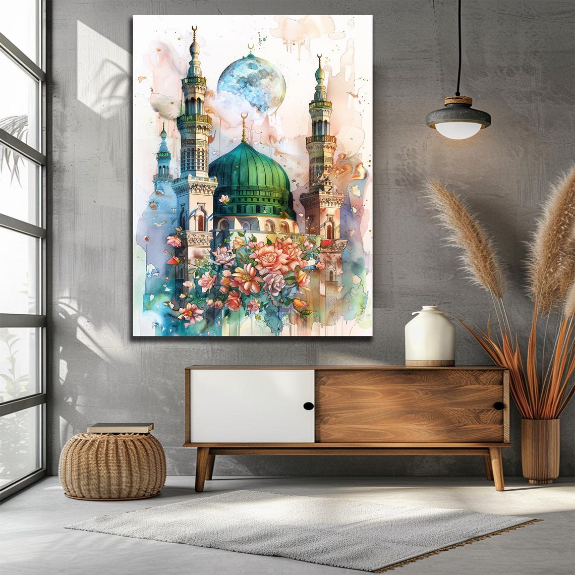 Islamic Mosque Green Dome Watercolor with Moon and Roses Art Print - Image 2
