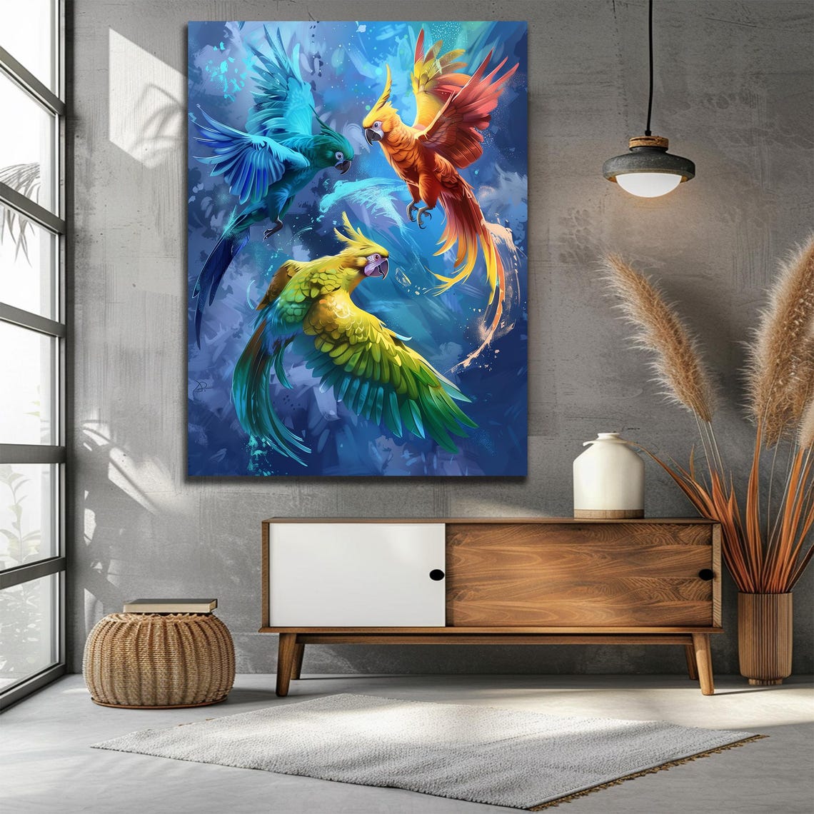 Three Colorful Parrots Flying in a Blue Sky Tropical Bird Art Print - Image 3