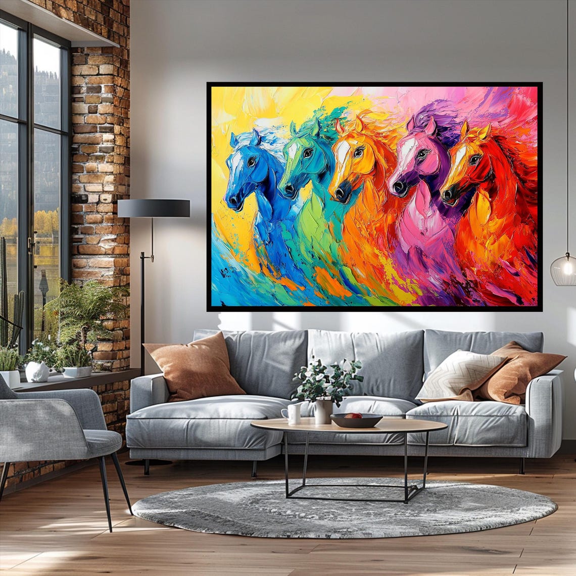 Rainbow Five Horses Impasto Painting Bold Colorful Herd Wall Art - Image 3