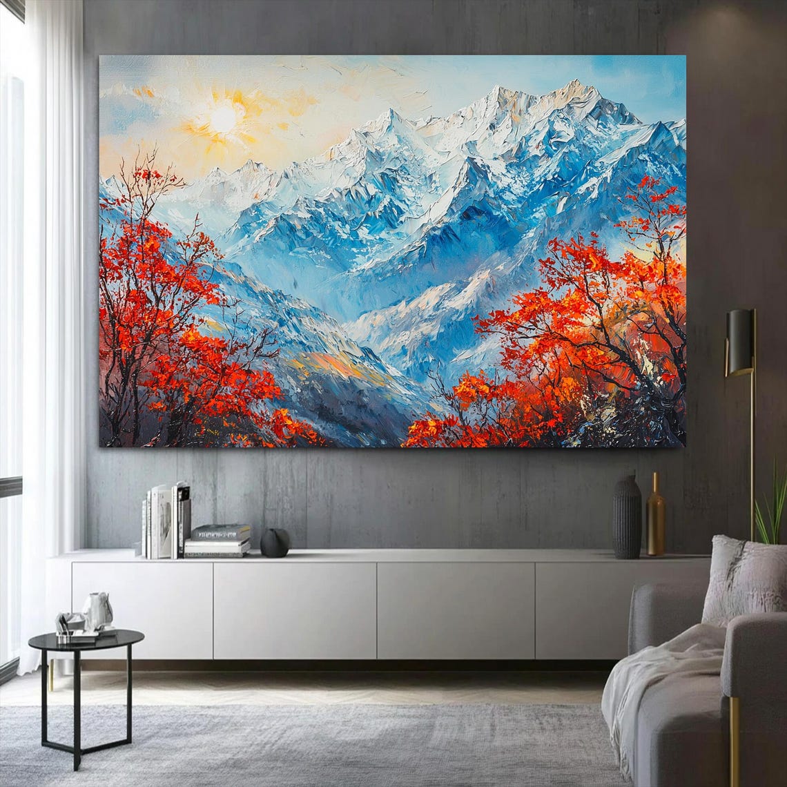 Snowy Blue Mountains Red Autumn Trees Framed Oil Painting Poster - Image 2