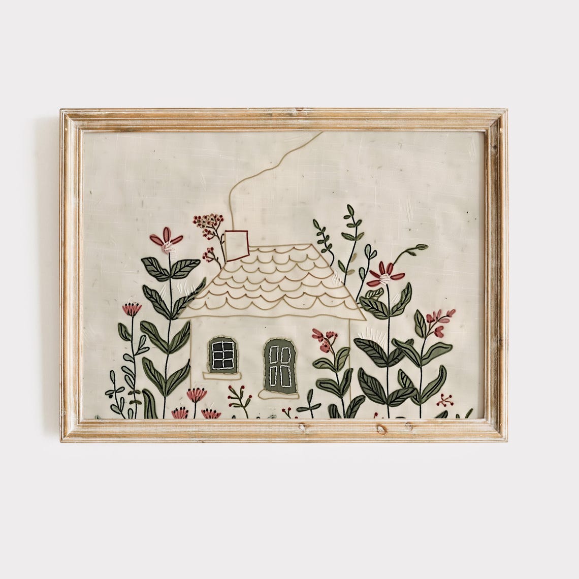 Botanical Cottage Print Whimsical Embroidered Style Wall Art