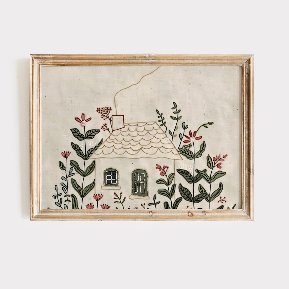 Embroidered Cottage Garden Stitched House Folk Art Painting Poster