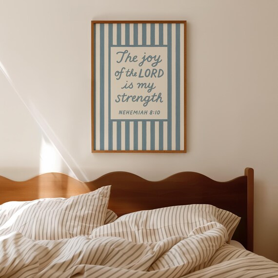 Joy Of The Lord Wall Art Blue Scripture Christian Home Decor Nehemiah 810 Strength Bible Verse Print