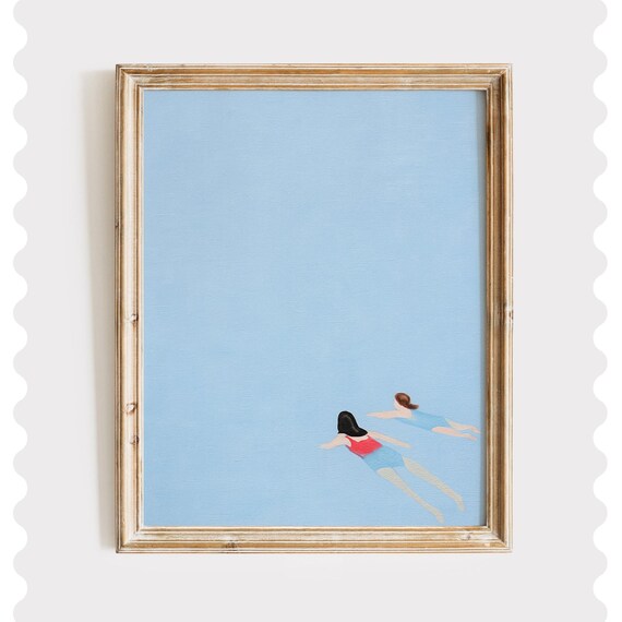Two Friends Swimming Minimalist Blue Coastal Painting Poster