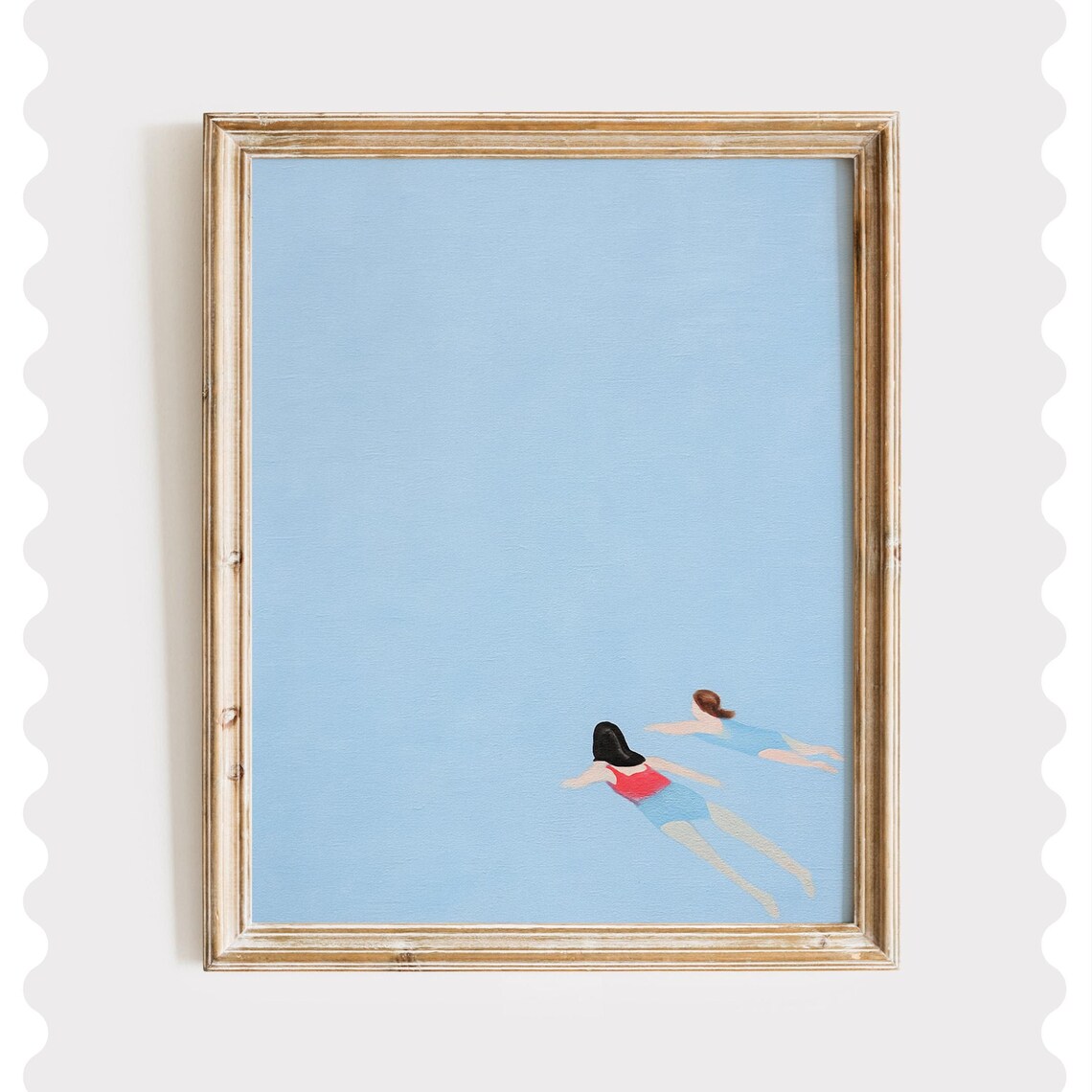 Two Friends Swimming Minimalist Blue Coastal Painting Poster